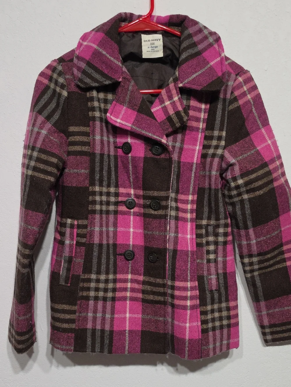 Y2k Old Navy Pink and Brown Plaid Double-Breasted Coat
